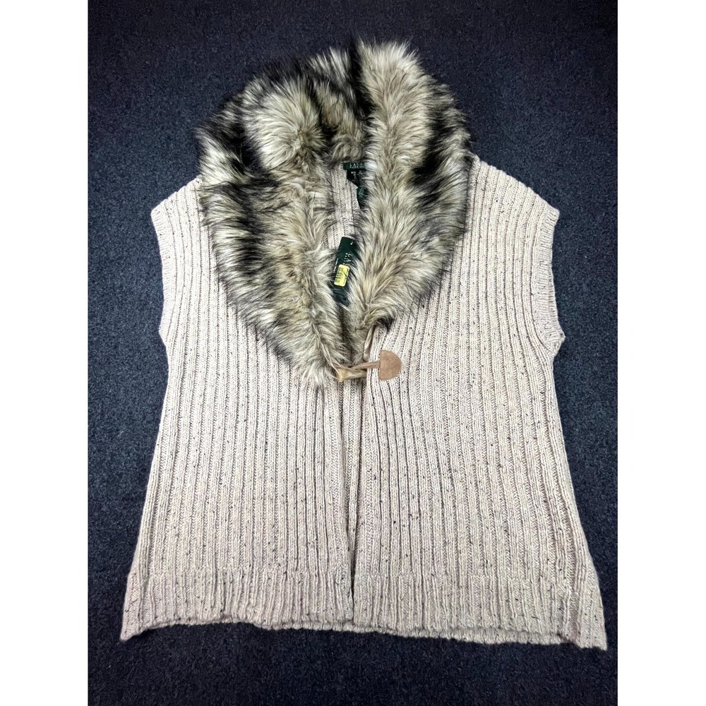 Lauren Ralph Lauren Sweater Vest‎ Womens XL Beige Wool Blend Faux Fur Collar